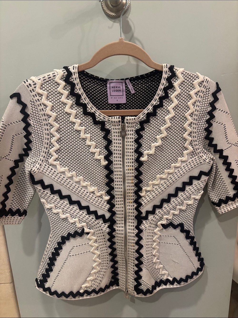 Herve Leger White and Black Zigzag Zip-Up Knit Jacket